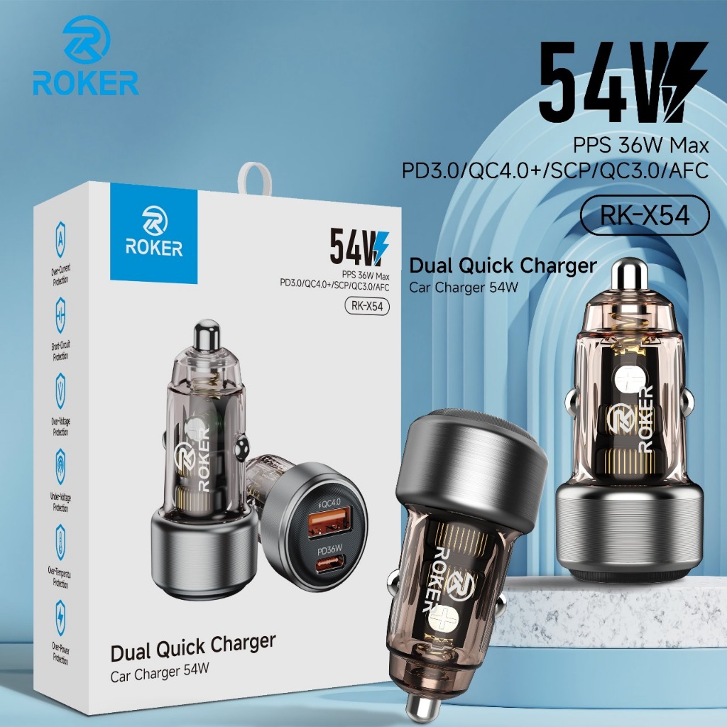 Roker Charger Mobil RX54 54Watt QC 4.0 & QC 3.0 PD 3.0 Super Fast Charging Dengan Support PPS samsung iphone 15 iphone 16 cepat penuh - Gambar 2