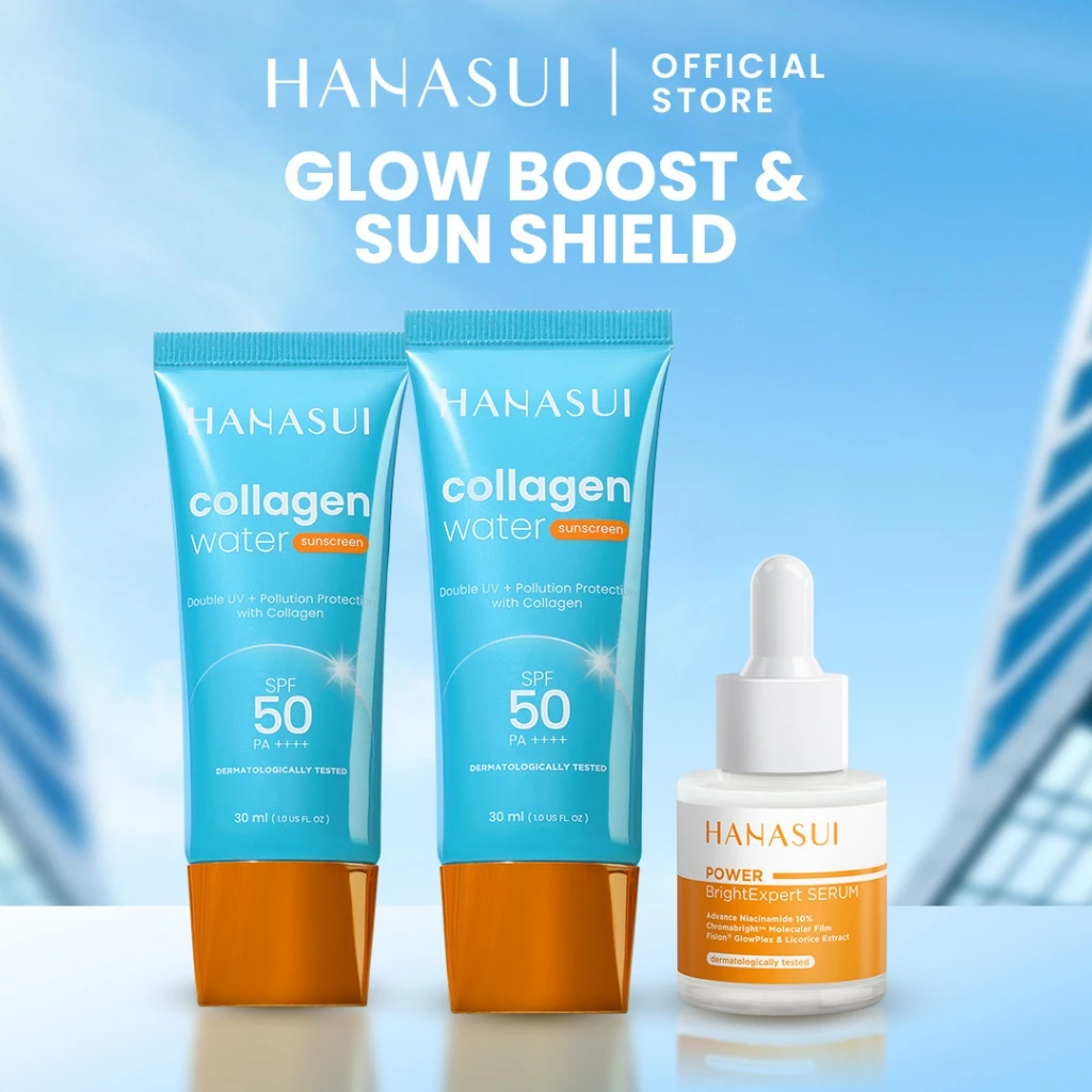 Hanasui Skincare Set Collagen Water Sunscreen SPF 50 Power Bright Expert Serum Exfoliating Serum Ceramide Probiotics Moisturizer Gel Wajah Mencerahkan - Gambar 4