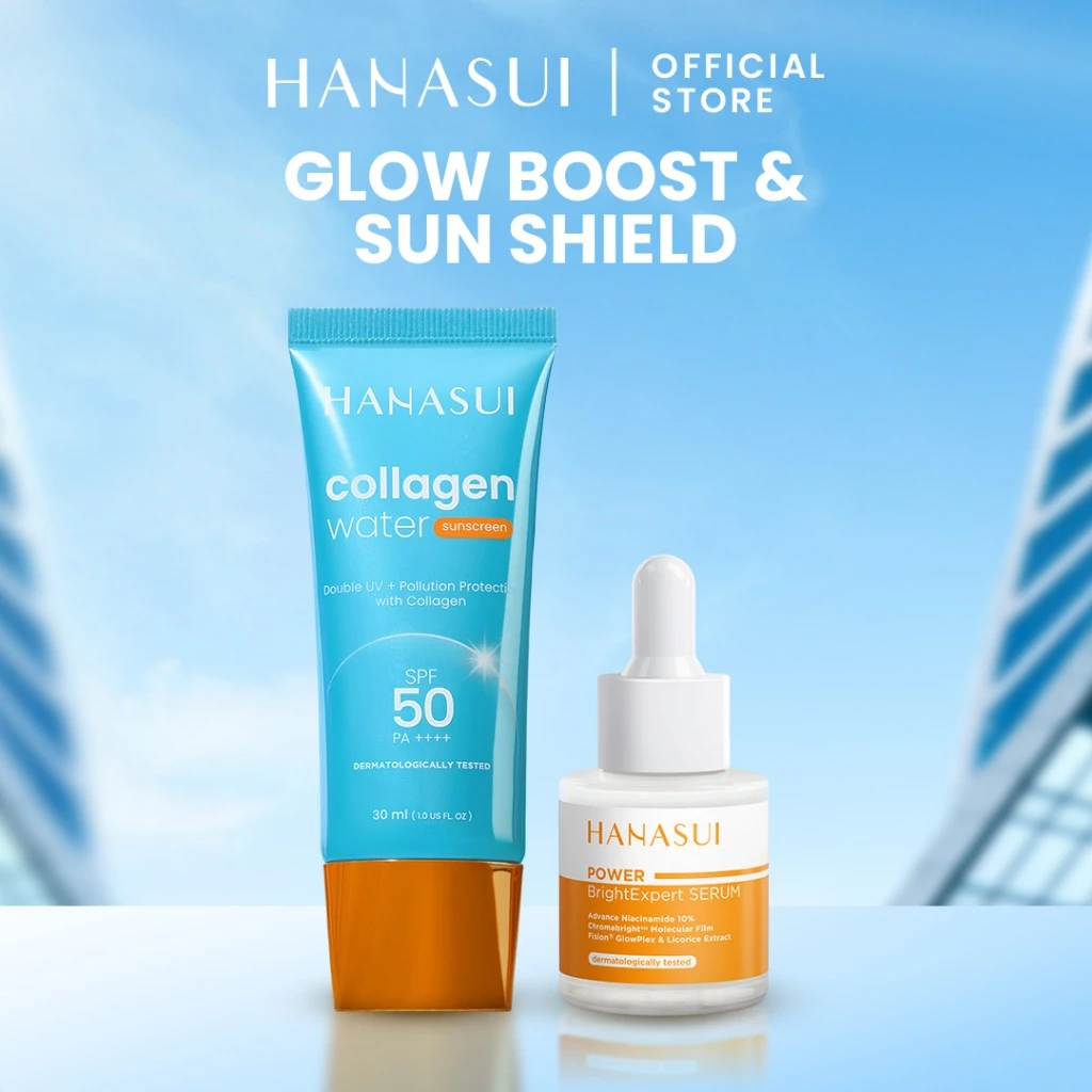Hanasui Skincare Set Collagen Water Sunscreen SPF 50 Power Bright Expert Serum Exfoliating Serum Ceramide Probiotics Moisturizer Gel Wajah Mencerahkan - Gambar 2