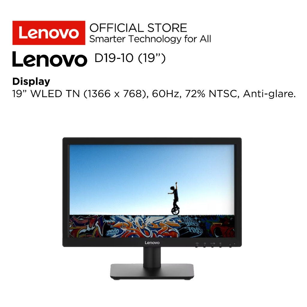 Lenovo Monitor D19-10 18.5" 1366x768 TN WLED Antiglare 60Hz 72% NTSC Supports VESA mount Stand Supports -5° to +22° tilt Response Time 5 ms, Garansi Resmi Lenovo Indonesia 3 Tahun 61E0KAR6ID Black - Gambar 2