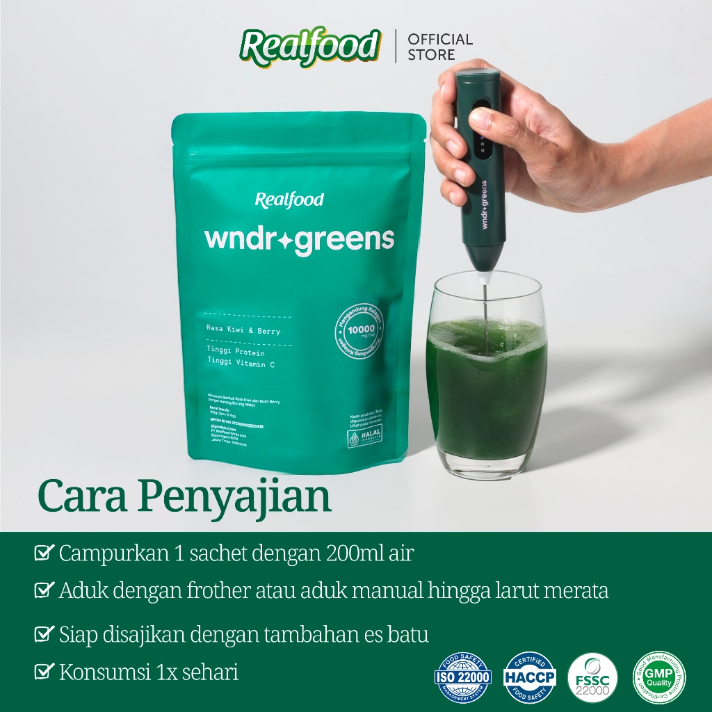 Realfood WNDRGREENS / Super Green Super Collagen Drink / Collagen 10000mg / Bird's Nest / Astaxanthin / Spirulina / Glutathione / Vitamin C / Klorofil / Green Tea EGCG / Multivitamin Greens / Skin Gut Immunity / Focus Energy - Gambar 4