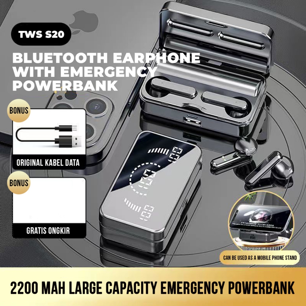 Matei COD Headset Bluetooth S20 Earphone Bluetooth Wireless HiFi Stereo TWS With Powerbank 9D LED
