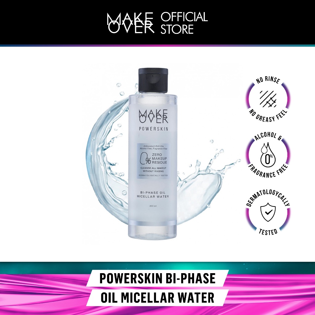 MAKE OVER Powerskin Bi-Phase Oil Micellar Water - Pembersih cleanser makeup sekali usap bersih total tanpa residu tidak menyumbat pori tidak membuat jerawat aman untuk kulit sensitif non-comedogenic
