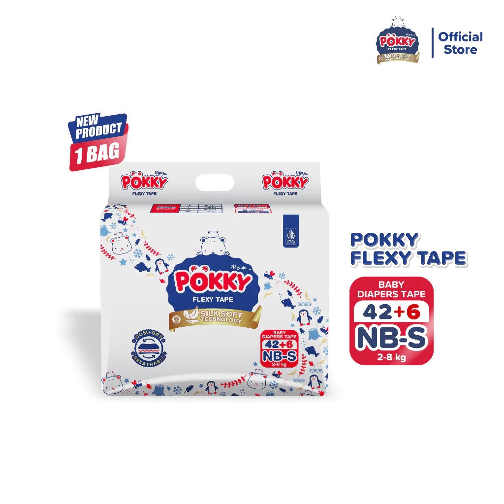 POPOK PEREKAT POKKY FLEXY TAPE FOR NEW BORN-S ISI 42+6 / Baby Diapers Lembut untuk Bayi Baru Lahir