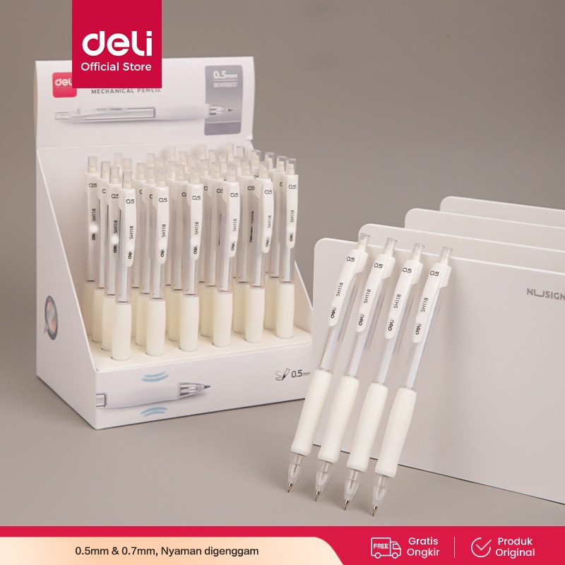 Deli Pensil Mekanik / Mechanical Pencil 0.5mm 0.7mm Putih Transparan Dengan Penghapus SH11X - Gambar 2