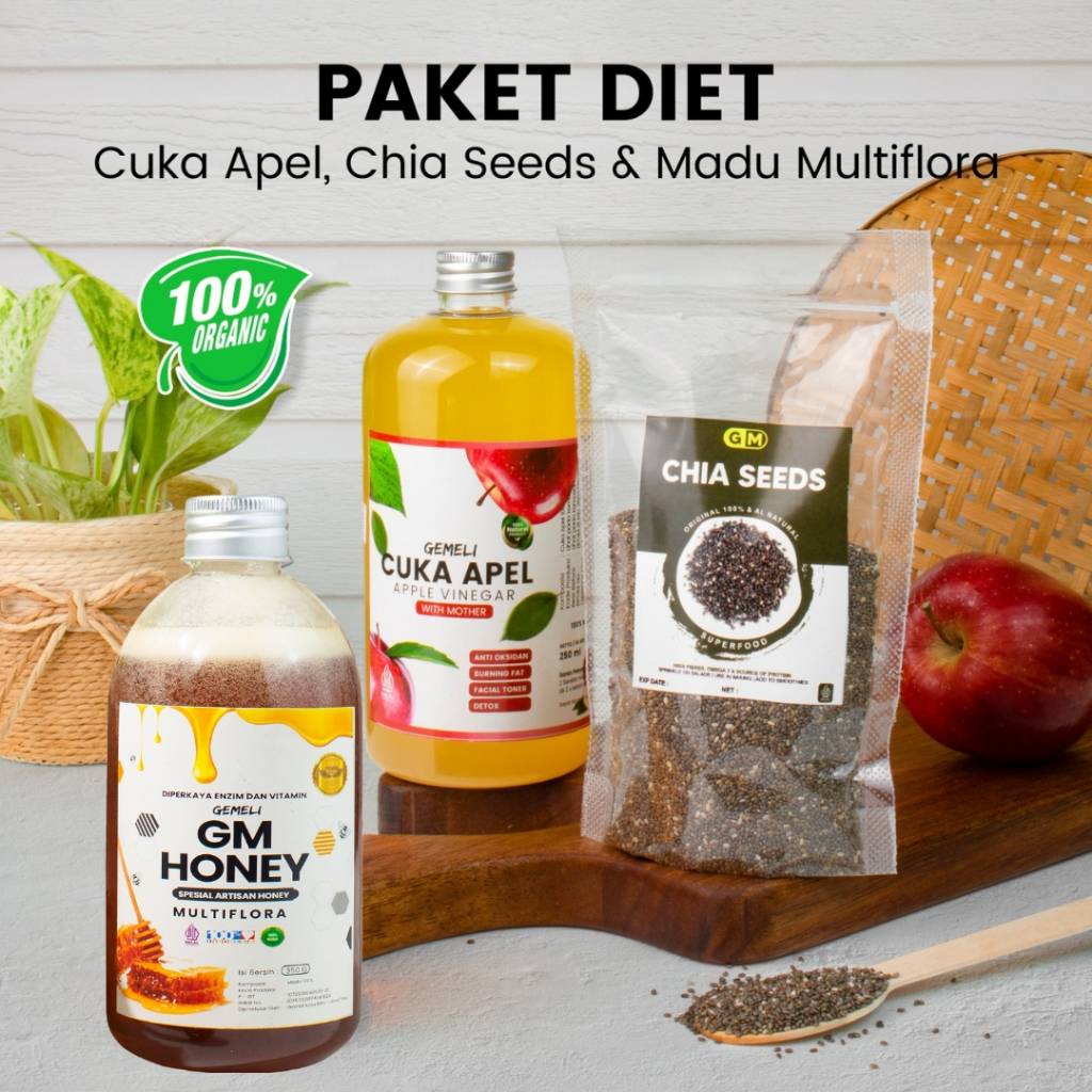 Paket Cuka Apel Original 500ml Madu Asli Multiflora 350gr Chia Seed 100gr - Gambar 2