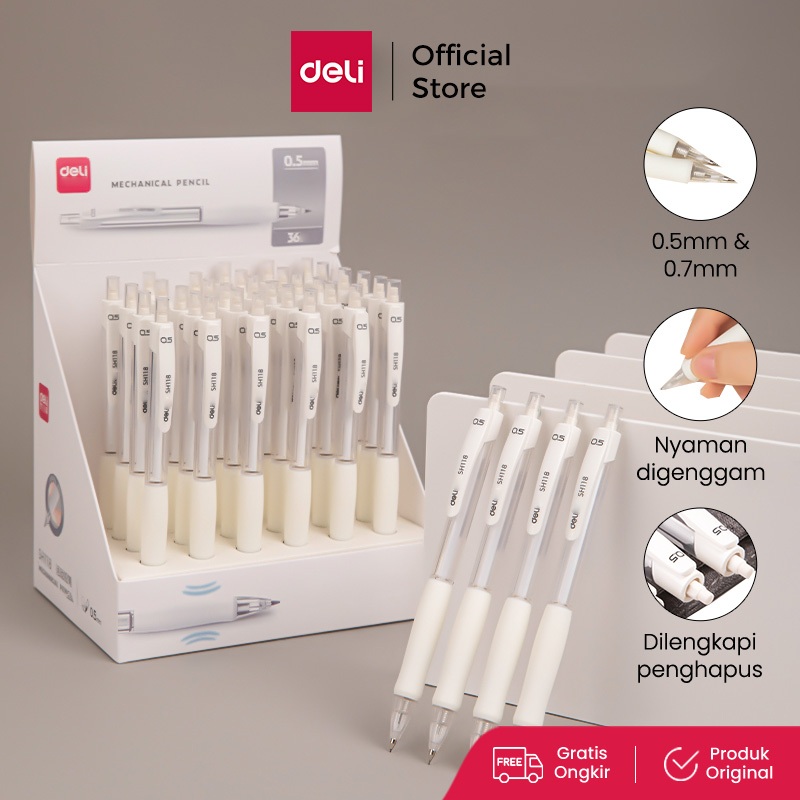 Deli Pensil Mekanik / Mechanical Pencil 0.5mm 0.7mm Putih Transparan Dengan Penghapus SH11X