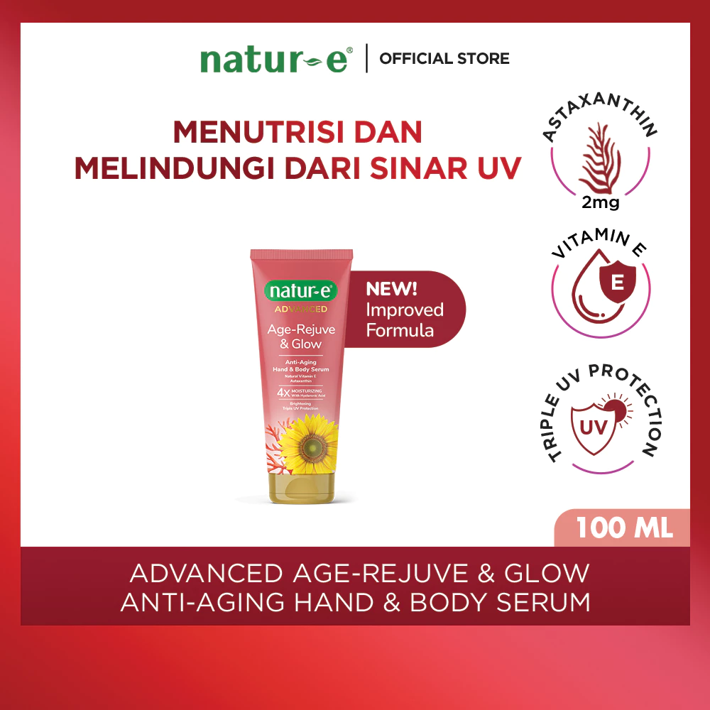 Natur-E Paket Advanced Soft Capsule 16s & Advanced Age-Rejuve & Glow Anti-Aging Hand & Body Serum 100ml - Lotion Serum Perawatan Tubuh Mengandung Astaxanthin dan Vitamin E - Gambar 2