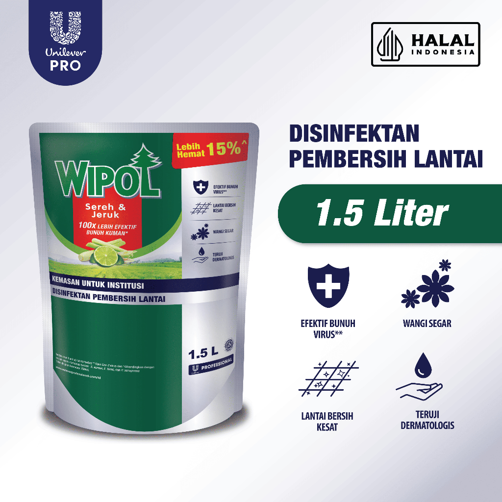 Wipol Professional Disinfektan BKC Pembersih Lantai Sereh Jeruk 1.5 L Pouch Untuk Horeka
