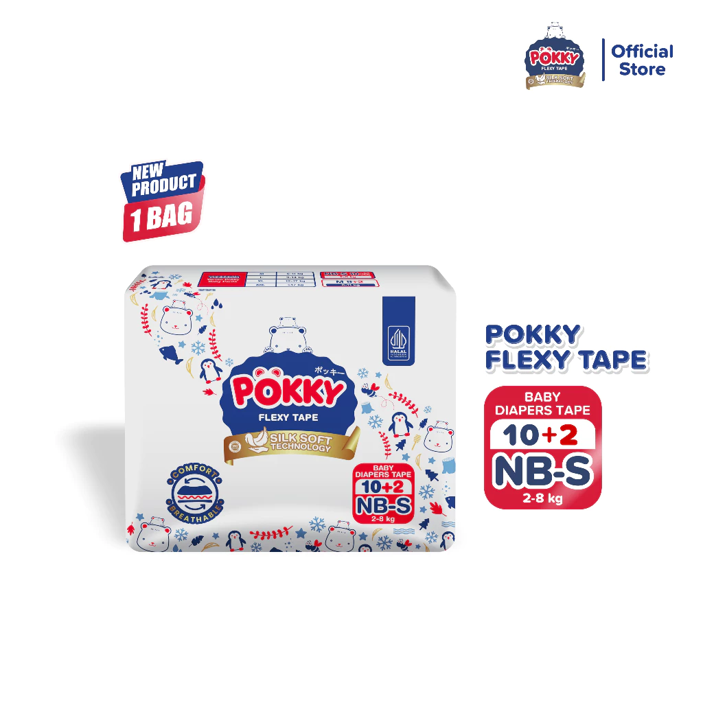 POPOK PEREKAT POKKY FLEXY TAPE FOR NEW BORN-S ISI 10+2 / Diapers Lembut Hemat untuk Bayi Baru Lahir