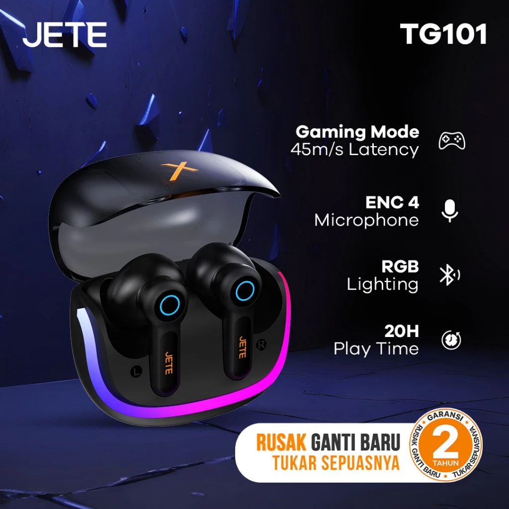 TWS Gaming with RGB JETE TG101 ENC 4 Mic 45m/s Low Latency - Garansi 2th