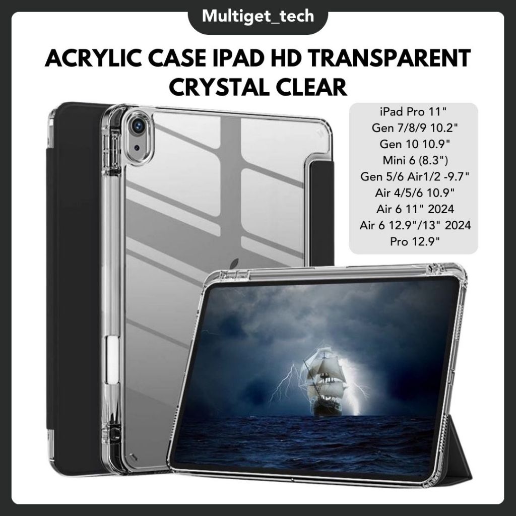 Acrylic Case iPad HD Transparent Crystal Clear Trifold Smart Lock Casing For Ipad Air 6 10.9"/13" 2024 Pro 12.9" Gen 5/6/7/8/9/10 Pro 11 Air 1/2/4/5 Mini 6