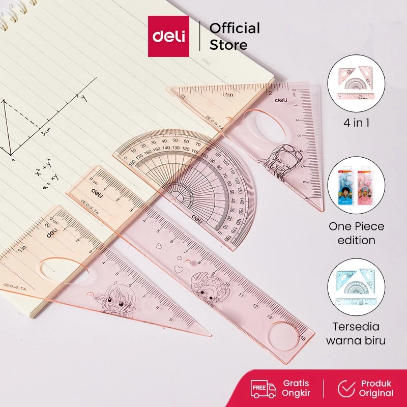 Deli One Piece School Ruler Set / Set Penggaris Sekolah 4 in 1 Lucu Gambar One Piece Dengan Pouch Plastik EH17