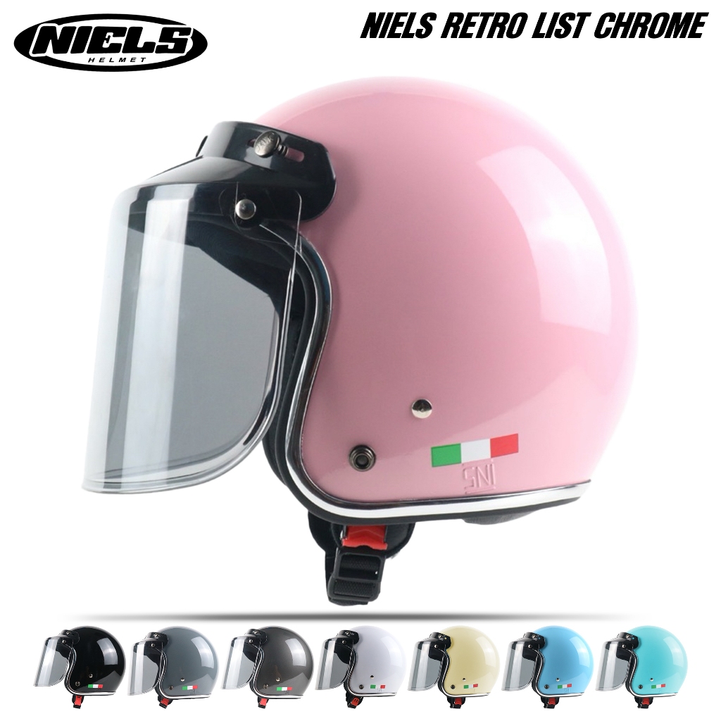 NIELS - Helm Bogo Retro Italy List Chrome Dewasa Kaca Datar / Kaca Cembung SNI Motorcycle