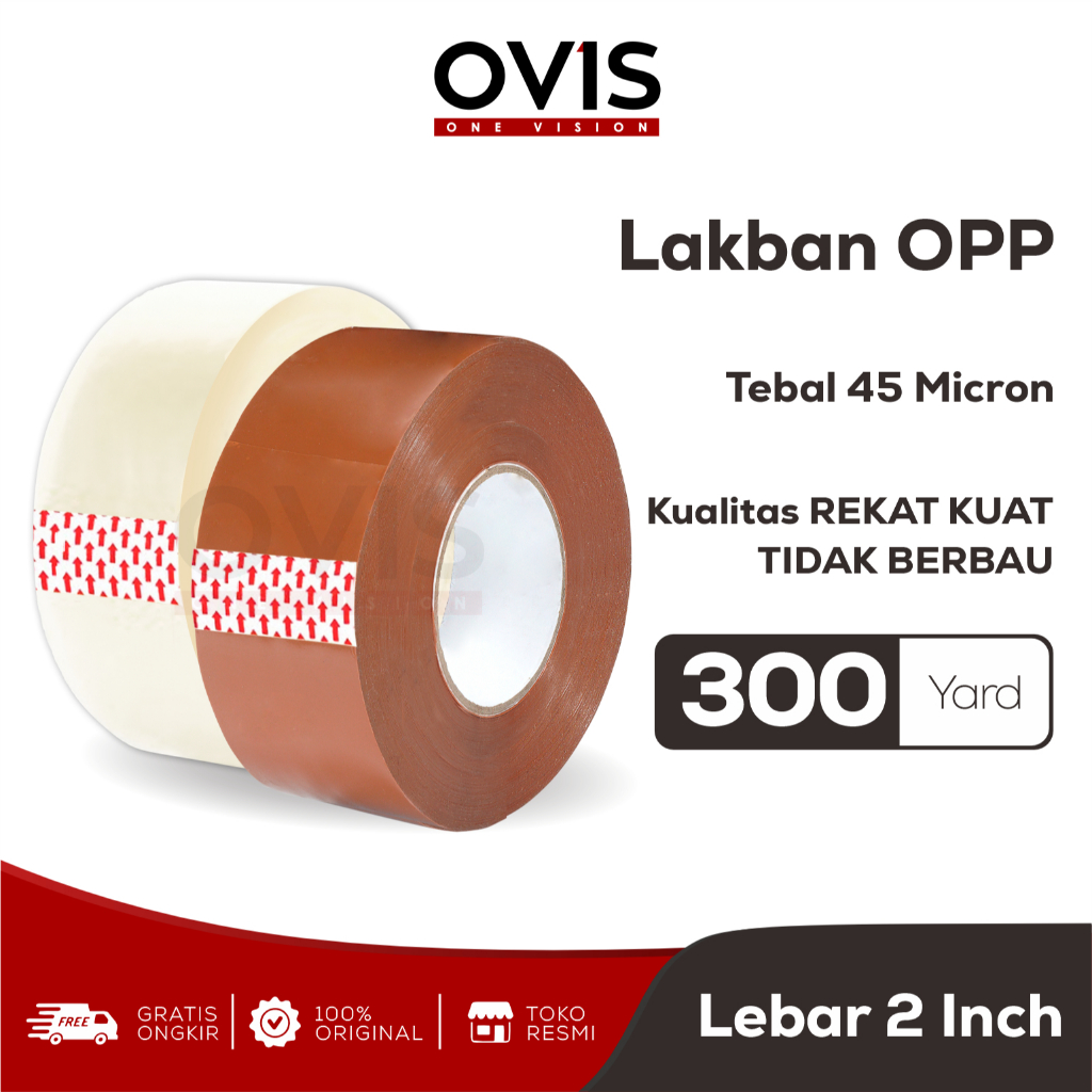 Lakban Isolasi 2 Inch x 300 Yard Coklat Dan Putih Bening Clear Transparan OVIS