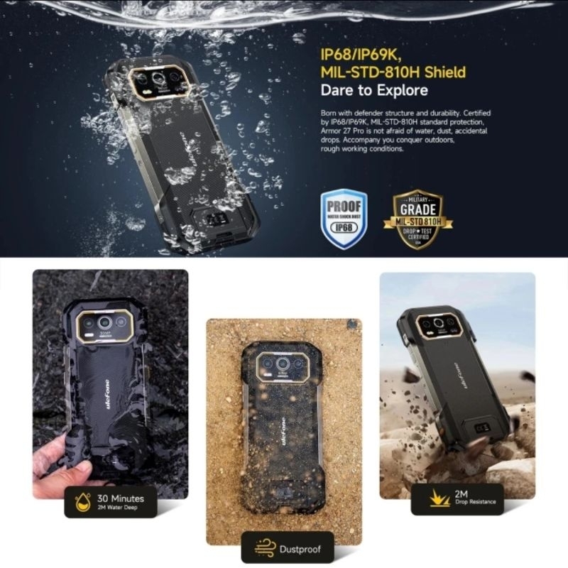 Ulefone Armor 27 Pro 5G Rugged Phone 6.78 "120Hz 10600mAh 33W 50MP 64MP 12GB 256GB Android 14 - Gambar 2