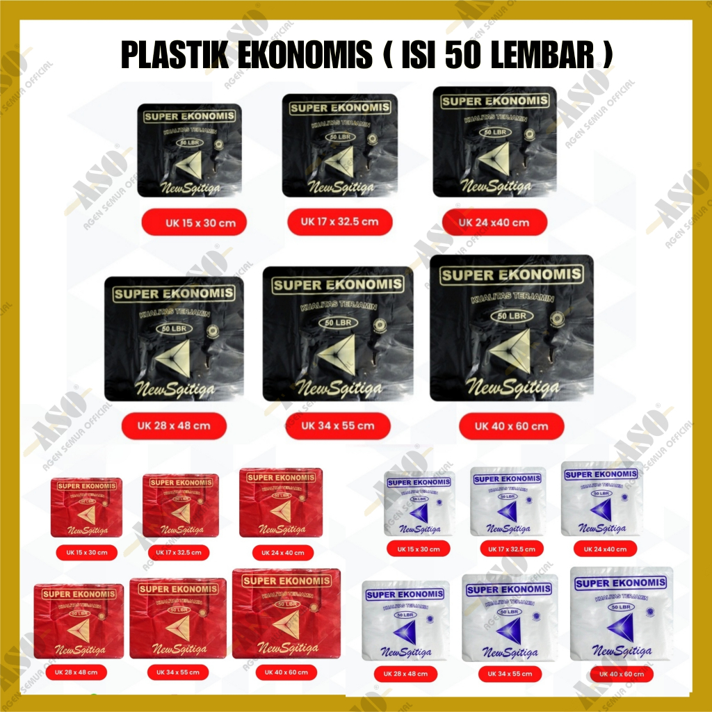 KANTONG PLASTIK SEGITIGA EKONOMIS HITAM MERAH PUTIH SUSU UK. 15 - 40 KUALITAS LOCO [ Isi 50 ] PROMO !!!
