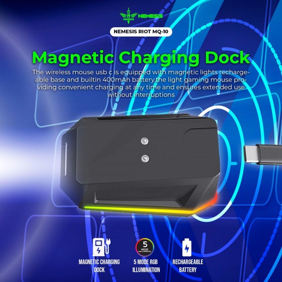 NYK Nemesis Riot MQ10 / MQ-10 Mouse Wireless Dual Mode Rechargeable Battery with Docking Charging - Gambar 3