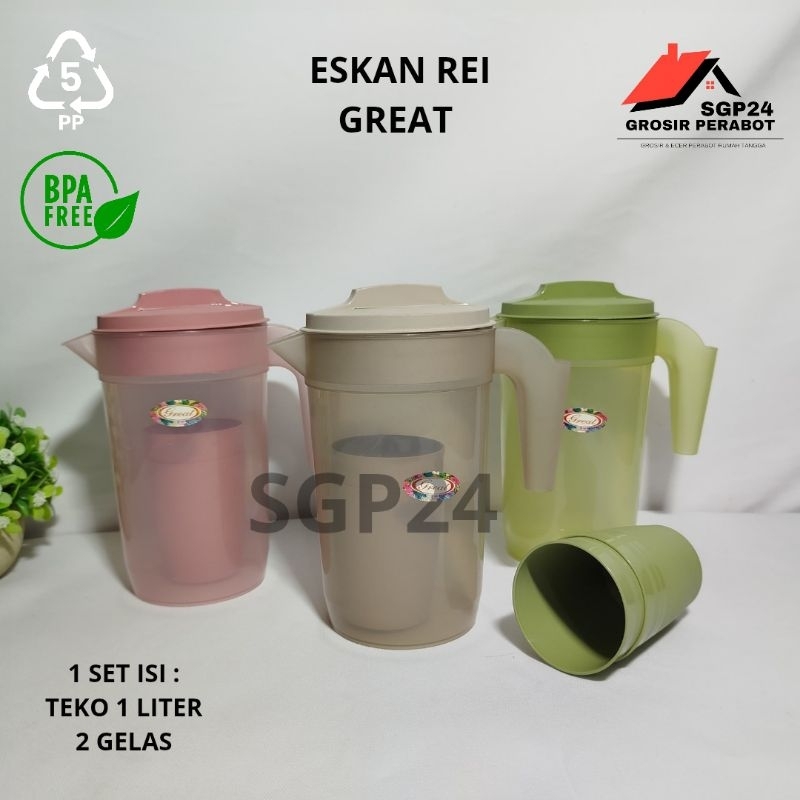 Eskan Plastik 3 in 1 Teko 1 Liter dengan 2 Gelas BPA Free