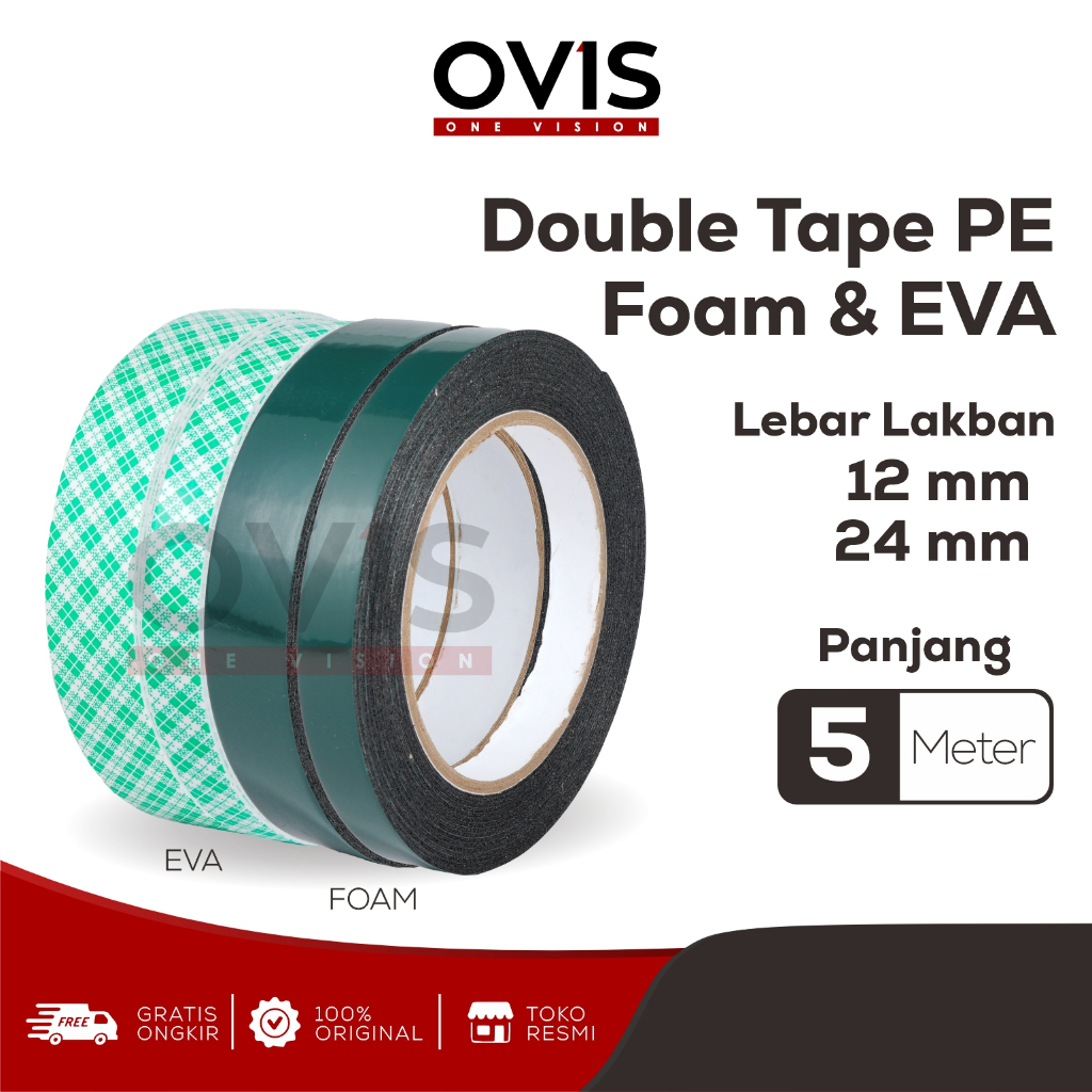 Double Foam Tape Busa Eva Isolasi Selotip Bolak Balik Ovis 12 mm 24 mm 5 Meter