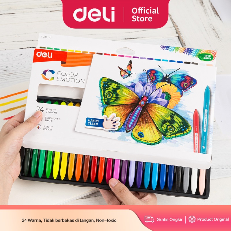 Deli Krayon Sekolah 24 Warna Cerah Bentuk segitiga ergonomis tidak beracun non toxic EC20020