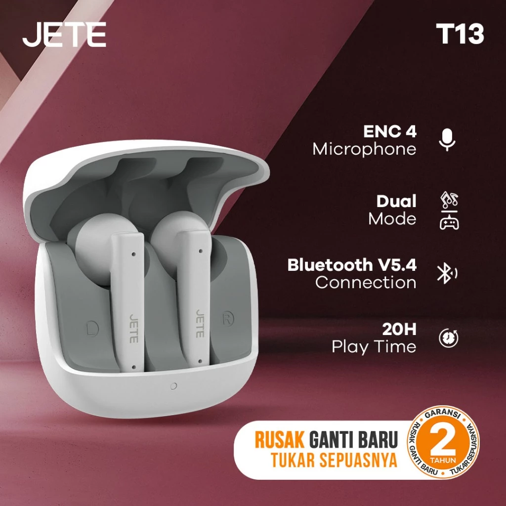 JETE T13 TWS ENC with 4 Mic Bluetooth 5.4 IPX5 Playtime 20H - Garansi 2 Tahun - Gambar 2