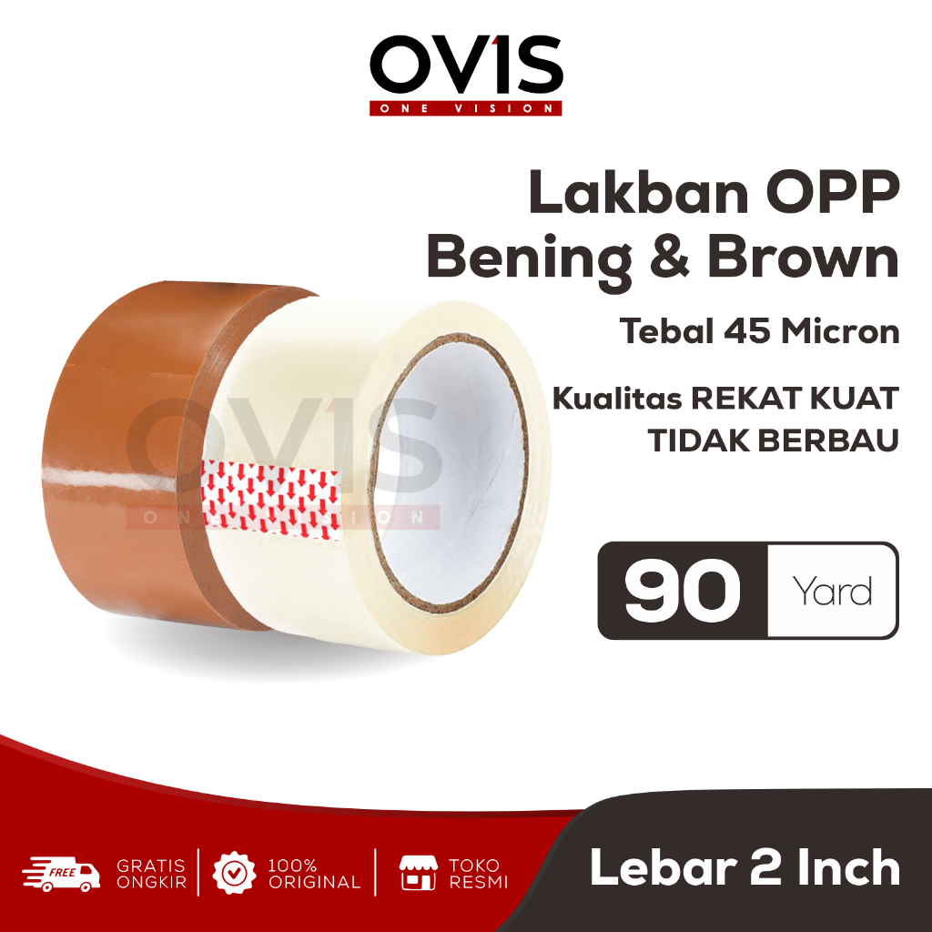 Lakban Isolasi 2 Inch x 90 Yard Coklat Dan Putih Bening Clear Transparan OVIS