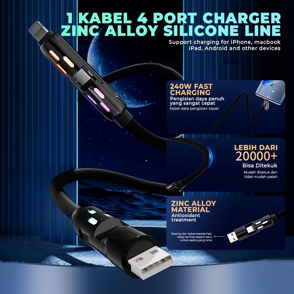 Matei COD Kabel Data Kabel USB 4 in 1 Fast Charging Micro Type C Lightning iphone USB Type C to Type C Iphone Lightning - Gambar 4