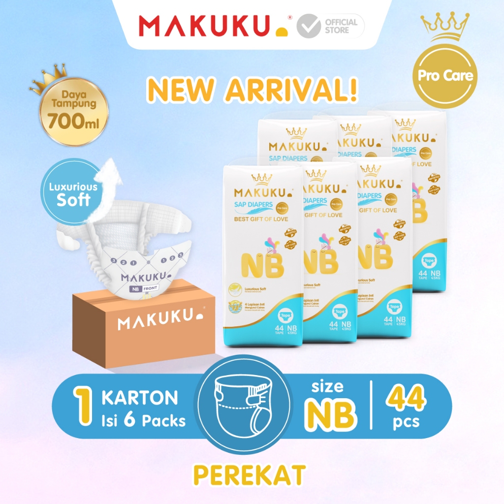 [6 PACK KARTON] MAKUKU SAP DIAPERS PRO CARE TAPE NB44 Popok bayi Tipis SAP anti gumpal cepat kering sekali pakai perlengkapan bayi baru lahir / Popok Newborn