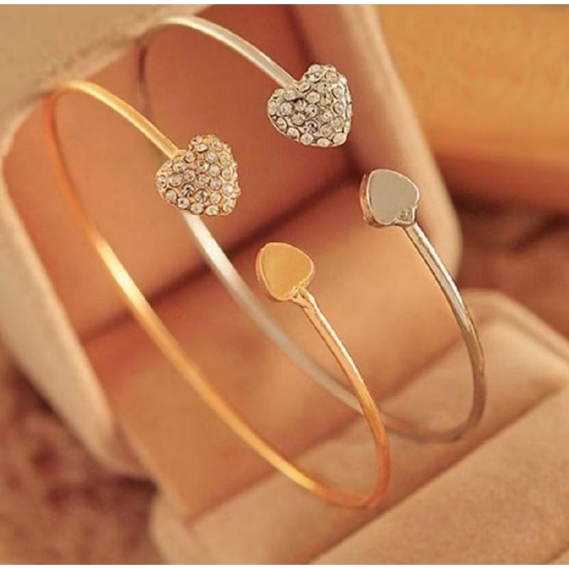 1PCS Gelang Tangan Wanita Love Motif Dua Hati Liontin Titanium Aksesoris Fashion Bangle Bracelet Kristal Open Cuff A352 - Gambar 2