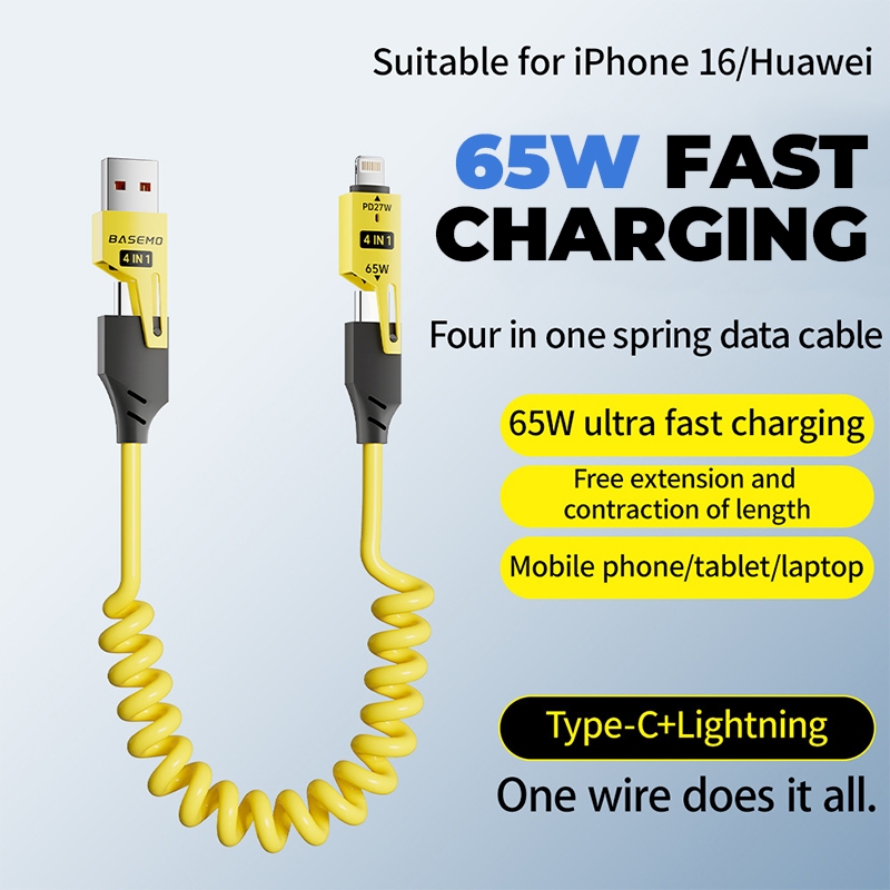 Matei COD Kabel Data Spring 4in1 65W 6A USB Tipe C Pegas Pengisi Daya Cepat 1.5M Teleskopik Kabel Pegas USB untuk iPhone
