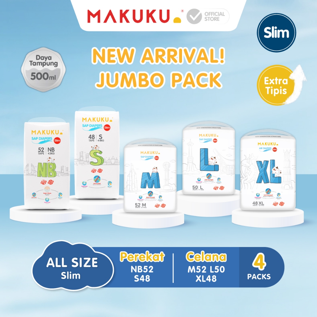 [4 PACK] MAKUKU SAP Diapers Slim JUMBO / Popok bayi Tipis SAP anti gumpal cepat kering sekali pakai tipe / NB52/S48/M52/L50/XL48/ perlengkapan bayi baru lahir / Popok Newborn