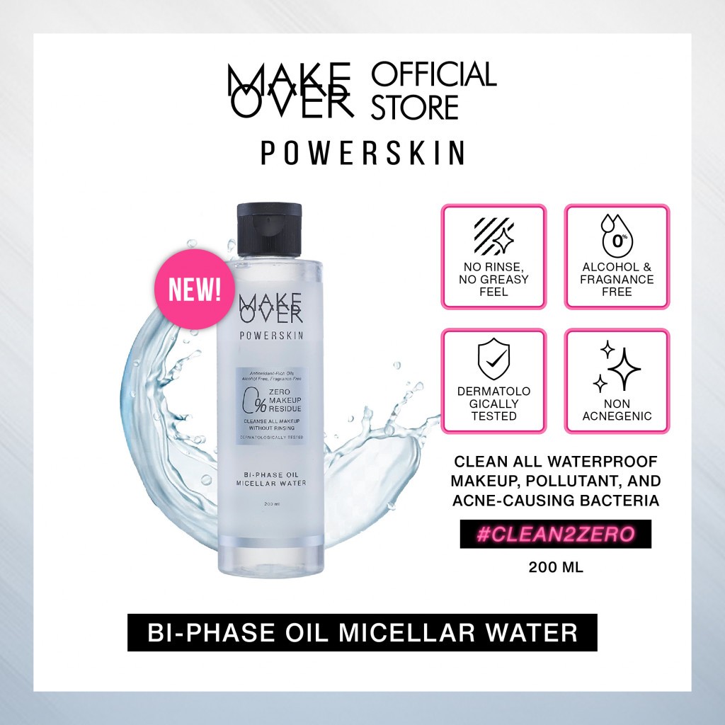 MAKE OVER Powerskin Bi-Phase Oil Micellar Water - Pembersih cleanser makeup sekali usap bersih total tanpa residu tidak menyumbat pori tidak membuat jerawat aman untuk kulit sensitif non-comedogenic - Gambar 2