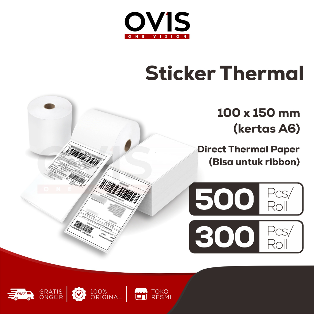 Label Stiker Resi Thermal Direct 100x150 mm OVIS Sticker Paper Kertas A6 10x15 cm Roll Lipat