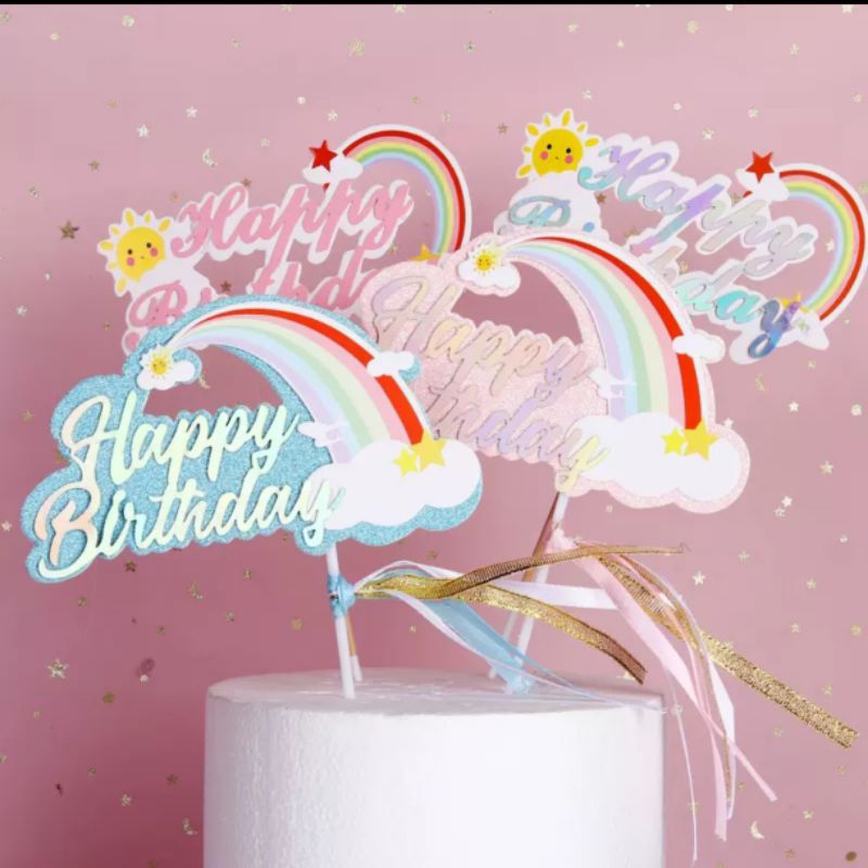 Happy BIRTHDAY greeting paper decoration topper HBD rainbow ribbon ...