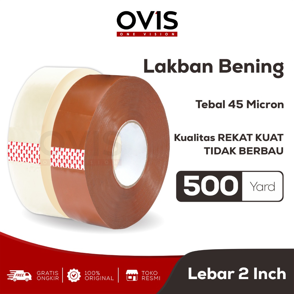 Lakban Isolasi 2 Inch x 500 Yard Coklat Dan Putih Bening Clear Transparan OVIS
