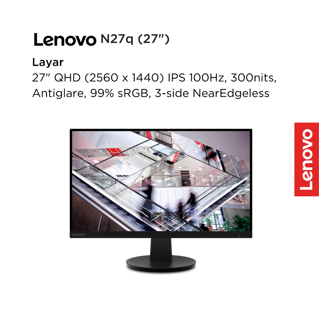 Lenovo Monitor N27q 27" QHD IPS 99% sRGB 90% DCI-P3 100Hz 300nits Antiglare NearEdgeless HDMI Tilt VESA Mount Low Blue Light N27 27inch Garansi Resmi 3 Tahun Original 67C2GAC1WW Black - Gambar 2