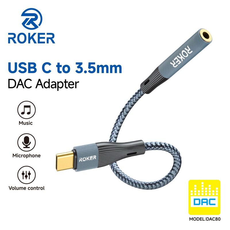 Audio Adapter ORIGINAL ROKER Splitter DAC80 Jack 3.5MM To Type-C ...