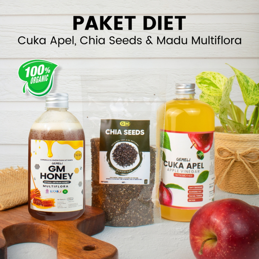 Paket Cuka Apel Original 500ml Madu Asli Multiflora 350gr Chia Seed 100gr