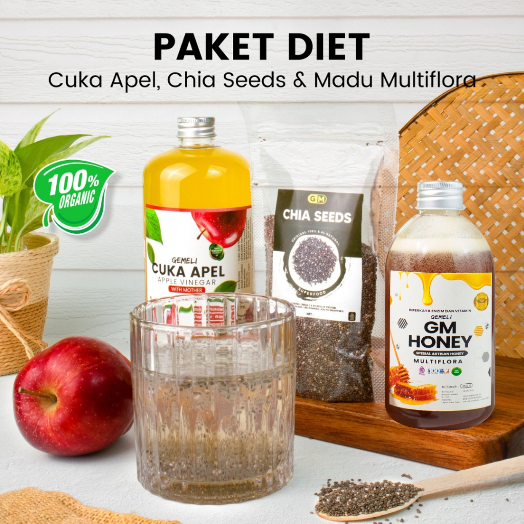 Paket Cuka Apel Original 500ml Madu Asli Multiflora 350gr Chia Seed 100gr - Gambar 3