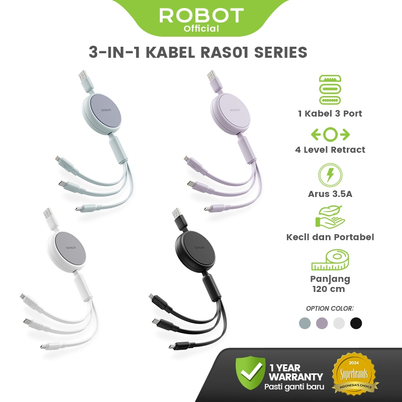 Robot Kabel Data 3-in-1 Fast Charging iPhone/Android