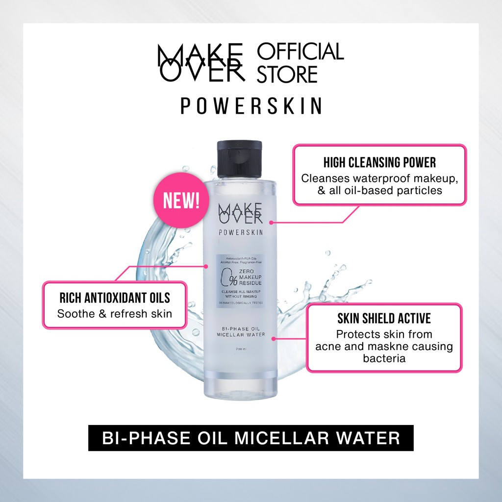MAKE OVER Powerskin Bi-Phase Oil Micellar Water - Pembersih cleanser makeup sekali usap bersih total tanpa residu tidak menyumbat pori tidak membuat jerawat aman untuk kulit sensitif non-comedogenic - Gambar 4
