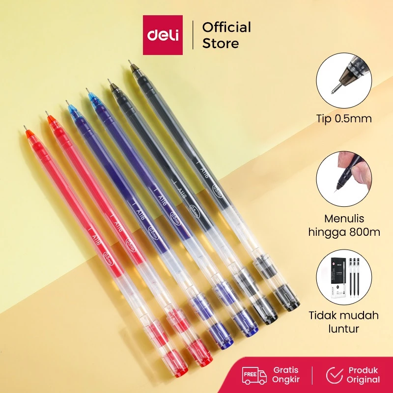 Deli Gel Pen Pulpen Gel kantor kuliah sekolah Warna Hitam Biru Merah 0.5mm warna cerah terang penulisan tulisan halus kapasitas tinta besar LARGE INK CAPACITY, nyaman di genggam anti bocor tidak macet dan tidak luntur  A116