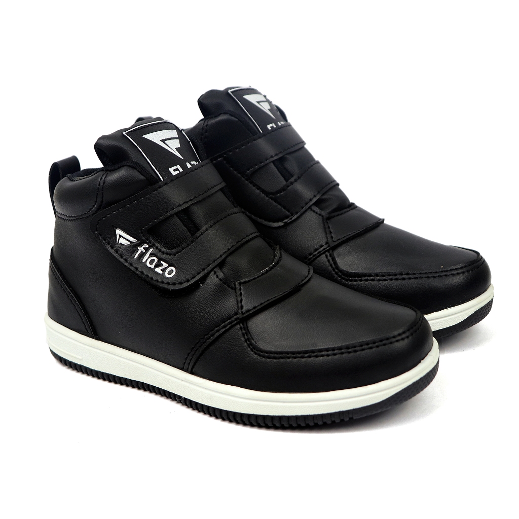 Flazo Sepatu Anak Laki Laki Dan Prempuan Sepatu Sekolah Hitam Polos Hitam Putih Boots Perekat