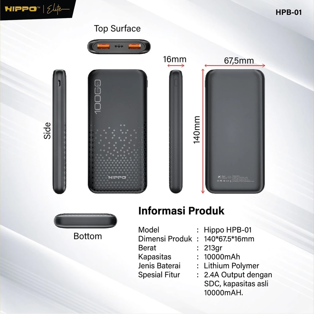 Hippo Powerbank HPB-01 10.000 Mah Sdc 2.4A Dual Output Usb A Dual Input Usb C Micro Garansi Resmi Hippo - Gambar 2