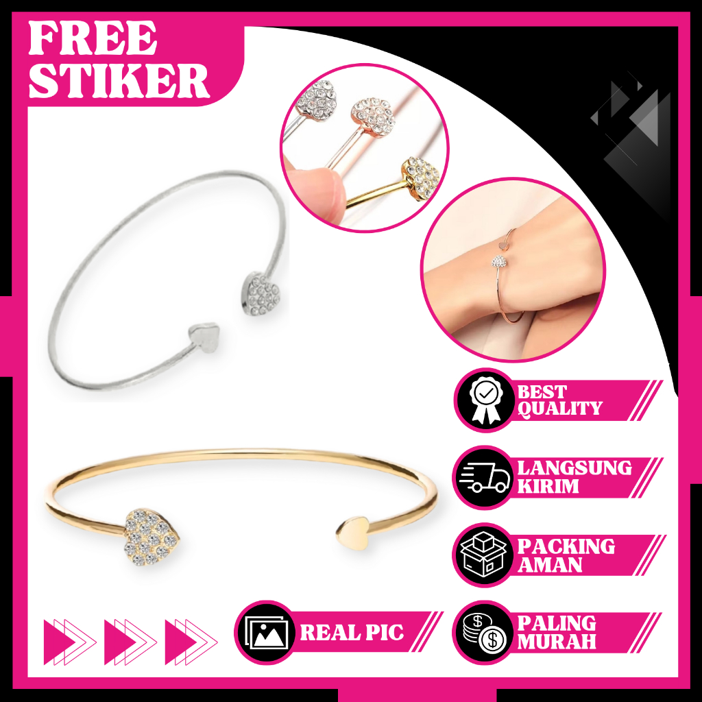 1PCS Gelang Tangan Wanita Love Motif Dua Hati Liontin Titanium Aksesoris Fashion Bangle Bracelet Kristal Open Cuff A352