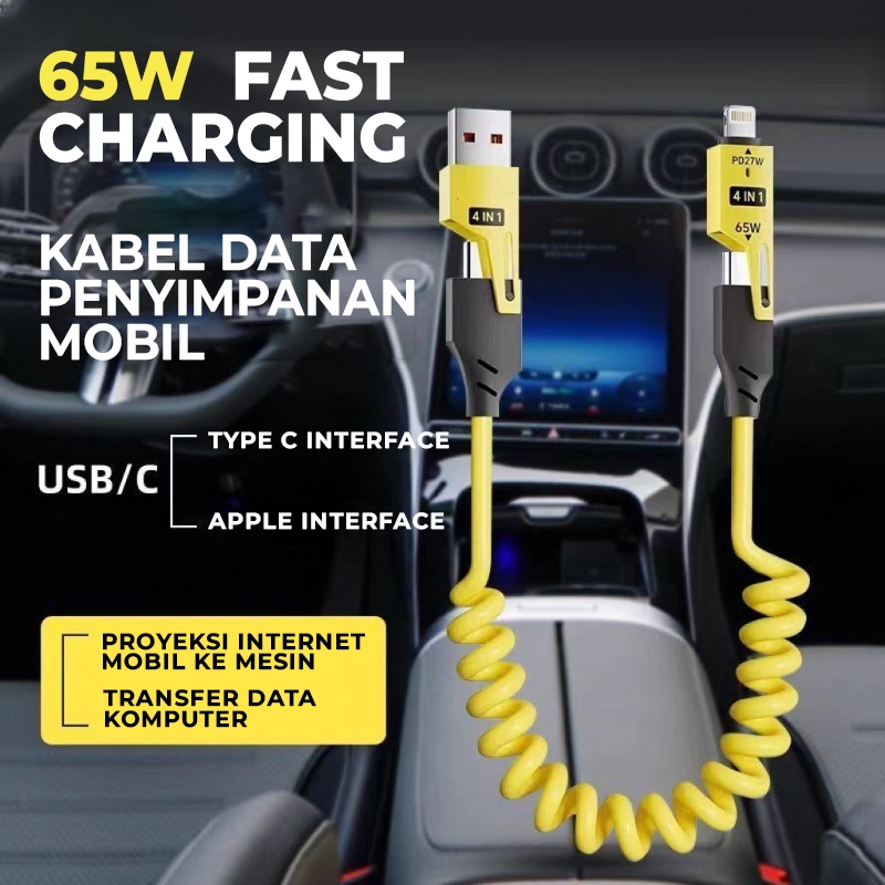 Matei COD Kabel Data Spring 4in1 65W 6A USB Tipe C Pegas Pengisi Daya Cepat 1.5M Teleskopik Kabel Pegas USB untuk iPhone - Gambar 4