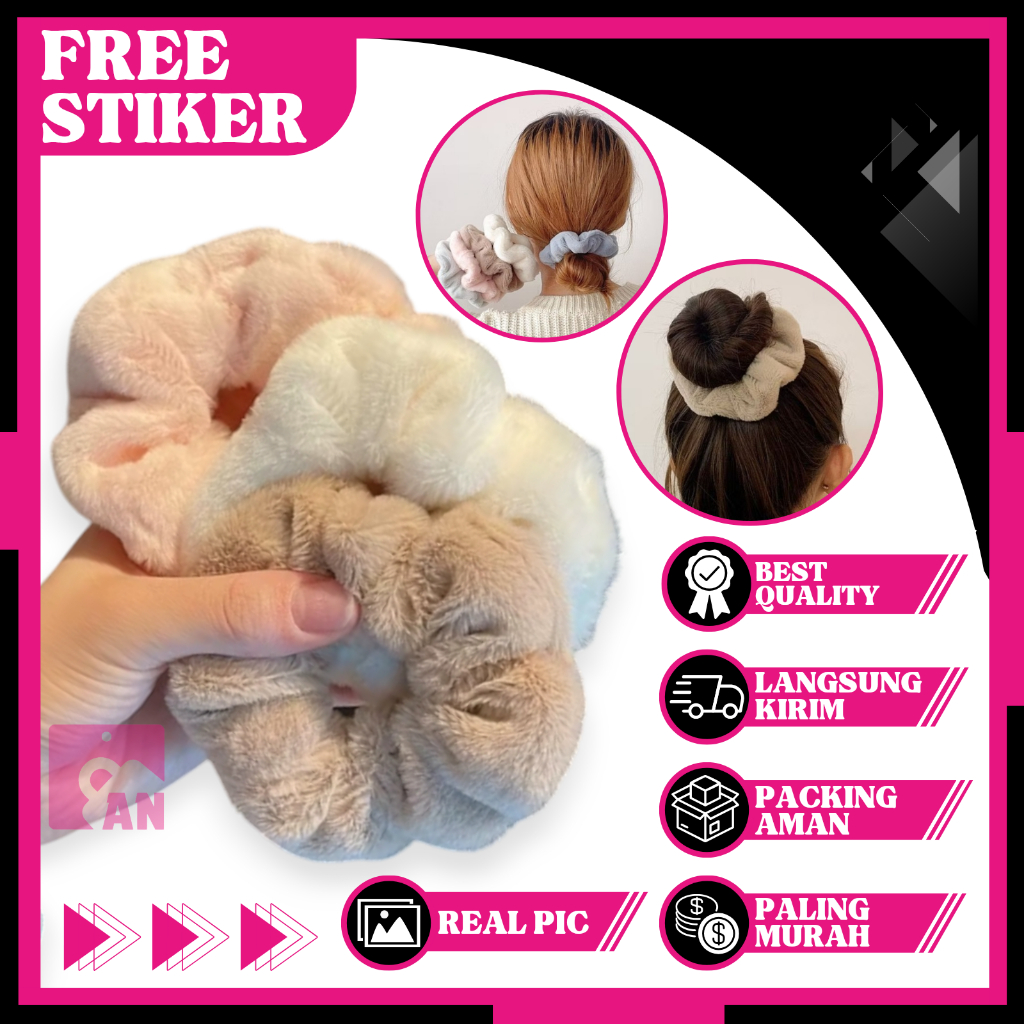 1PCS Ikat Rambut Wanita Scrunchie Model Korea Motif Bulu Halus Aksesoris Fashion Kunciran Cepol Cewek Hairband Polos Lembut Besar A181
