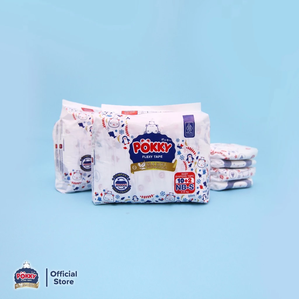 POPOK PEREKAT POKKY FLEXY TAPE FOR NEW BORN-S ISI 10+2 / Diapers Lembut Hemat untuk Bayi Baru Lahir - Gambar 4