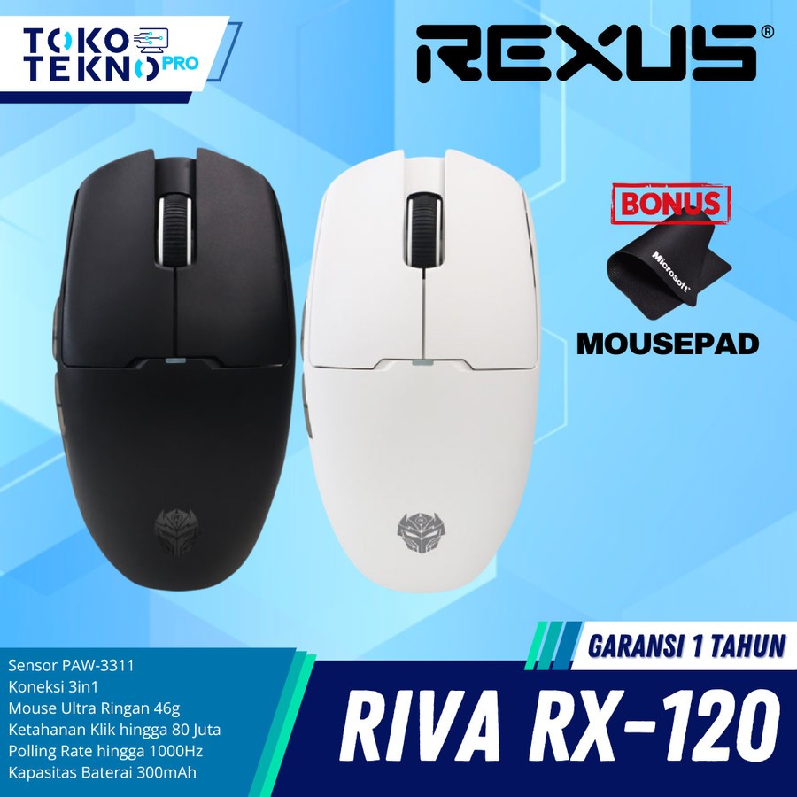 Rexus Riva RX-120 / RX120 Mouse Gaming Wireless Lightweight Triple Connection PAW3311